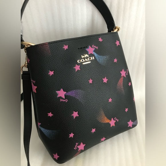 New coach Town Bucket Bag Pink Disco Star Print Black Leather Purse - Picture 6 of 9